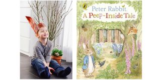 World book day illustrated by kid sat with rabbit ear hat on