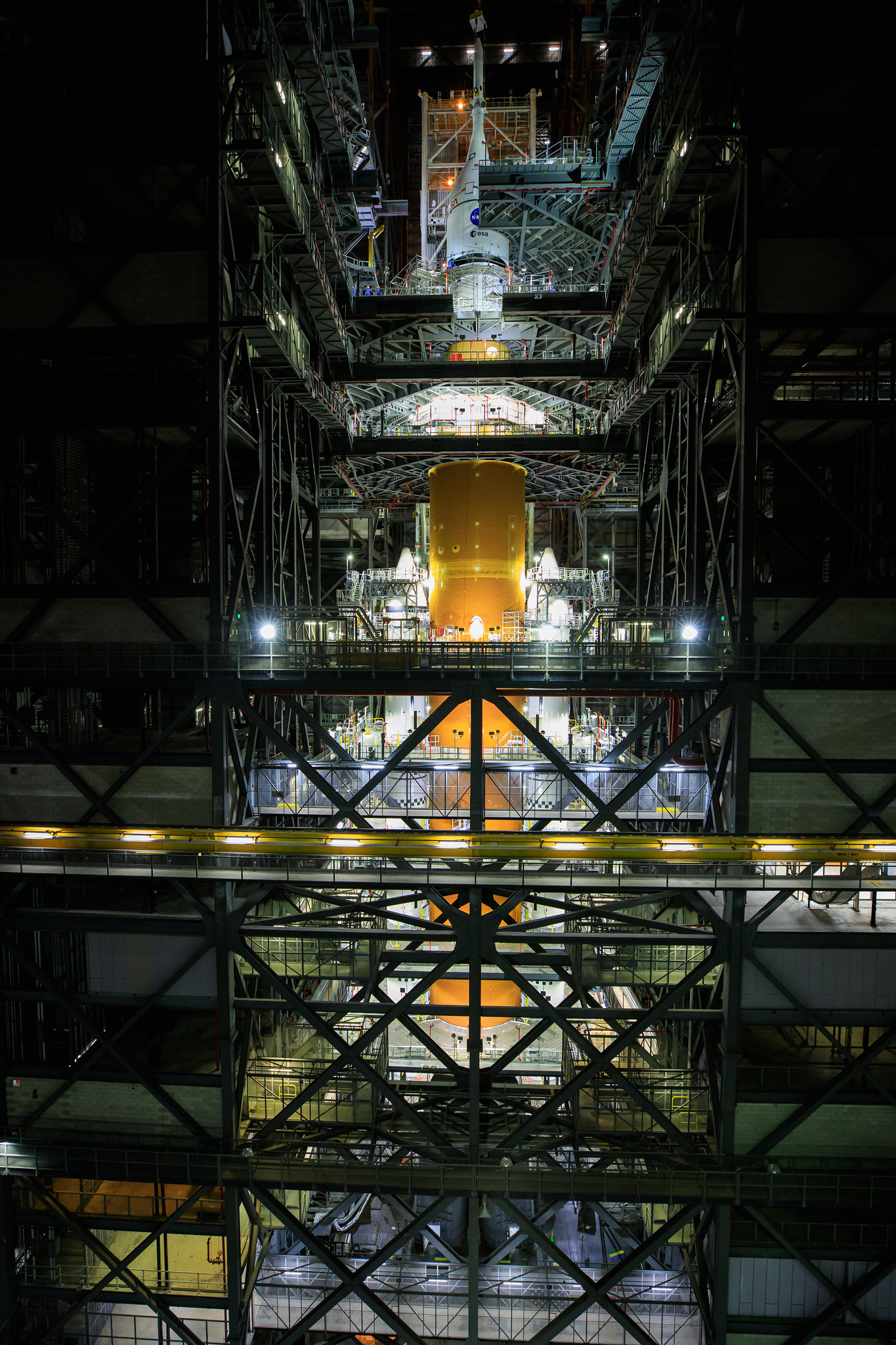 The Artemis 1 configuration stacked at the Vehicle Assembly Building at Kennedy Space Center in Florida.