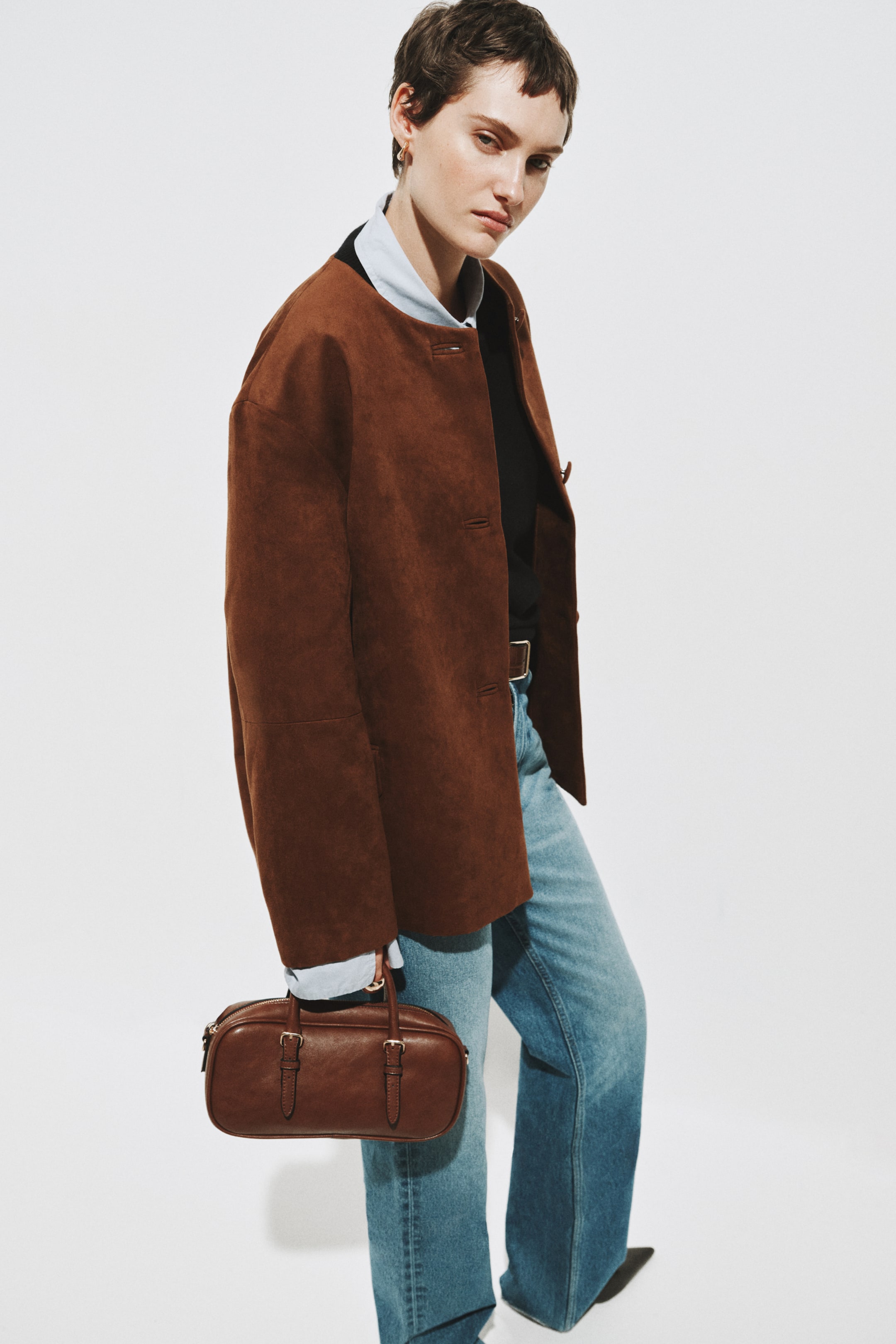 Collarless Jacket - Brown