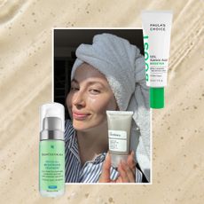 a woman in a white and blue striped shirt with a towel in her hair holding a gray and white bottle of skincare, next to a tan background with two green bottles of skincare