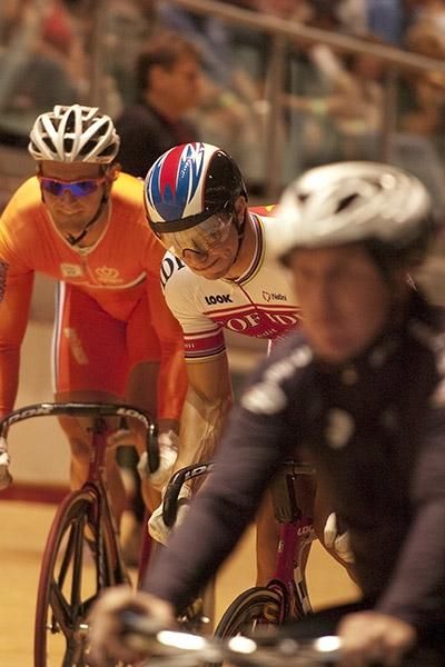Kevin Sireau (centre) from France was elimintated in his round of the keirin for overtaking the derny.