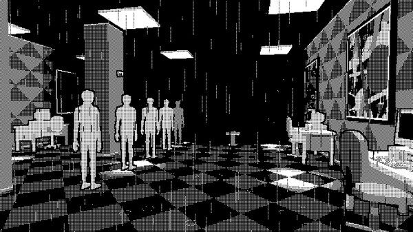 A scene from a black-and-white pixelated 3D video game inspired by Severance called Pager