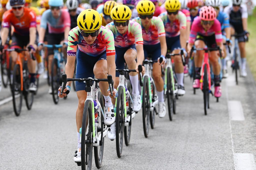 PROVINS FRANCE JULY 25 Alena Amialiusik of Belarus and Team CanyonSRAM Racing leads the peloton during the 1st Tour de France Femmes 2022 Stage 2 a 1364km stage from Meaux to Provins TDFF UCIWWT on July 25 2022 in Provins France Photo by Tim de WaeleGetty Images