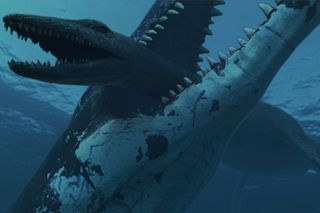Pliosaur crushing down on Plesiosaur with 33,000 lb bite