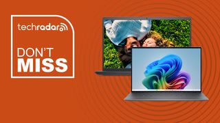 Dell XPS 13 and Dell Inspiron 15 on an orange background next to TechRadar deals don't miss badge