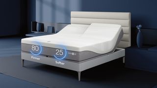 The Sleep Number i10 Smart Bed on a bed frame, with graphics indicating the adjustable firmness