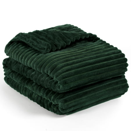 Pavilia Super Soft Fleece Throw Blanket Twin Emerald Green, Fuzzy Plush Flannel Throw, Warm Cozy Ribbed Microfiber Blanket for Sofa Couch Bed, Lightweight Striped Blanket, Green, 60x80