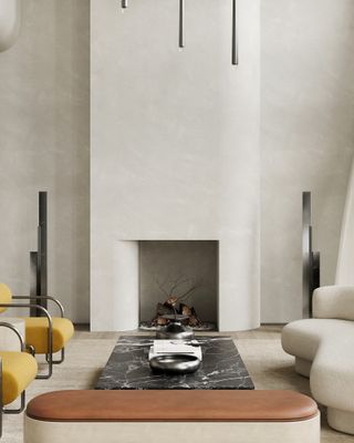 A living room with off-white clay walls, off-white sofa, yellow armchairs, black marble coffee table and cool metallic accessories