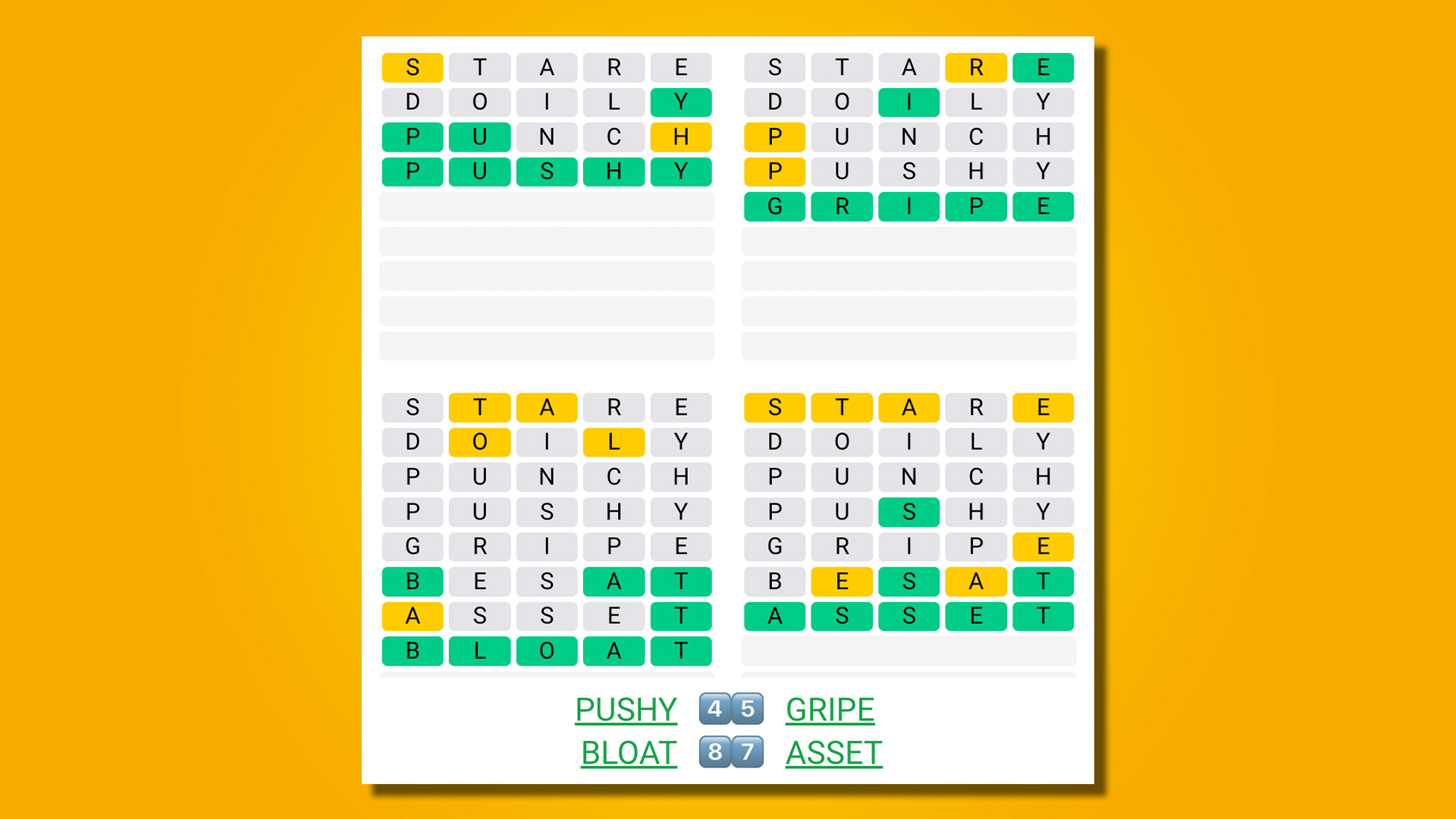 Quordle answers 469 on a yellow background