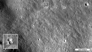 The box in this image highlights two small craters. The lower crater formed on Aug. 5, 2026 when a SpaceX Falcon 9 upper stage impacted the moon. The inset shows details of the new crater, enlarged three times. This image was captured by NASA&rsquo;s Lunar Reconnaissance Orbiter on Aug. 11, 2026 as it passed over the site at an altitude of 56 miles (90 kilometers).