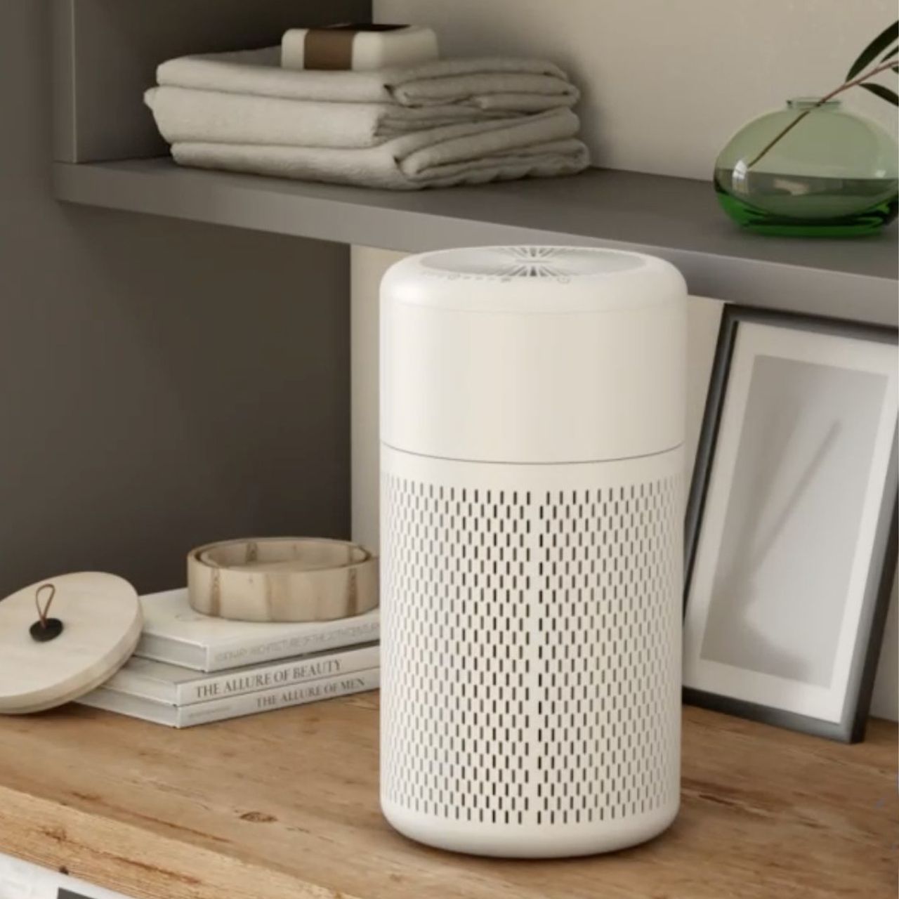 Beko ATP5100I Air Purifier on wooden shelving in a laundry room