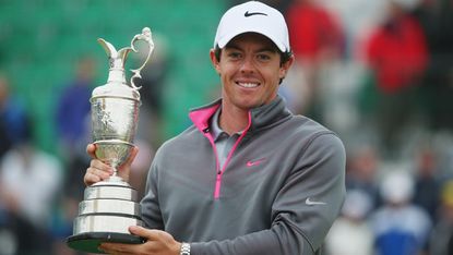 Rory McIlroy holds the Claret Jug after his victory at The 143rd Open Championship at Royal Liverpool on July 20