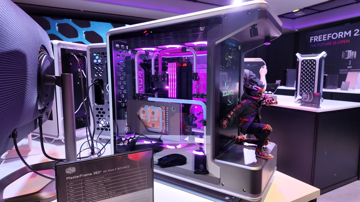 A photo of the Cooler Master MasterFrame 360 Panoramic PC case, as displayed at Computex 2025