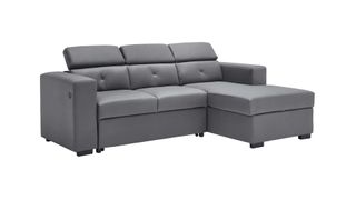 A grey chaise recliner sleeper sectional