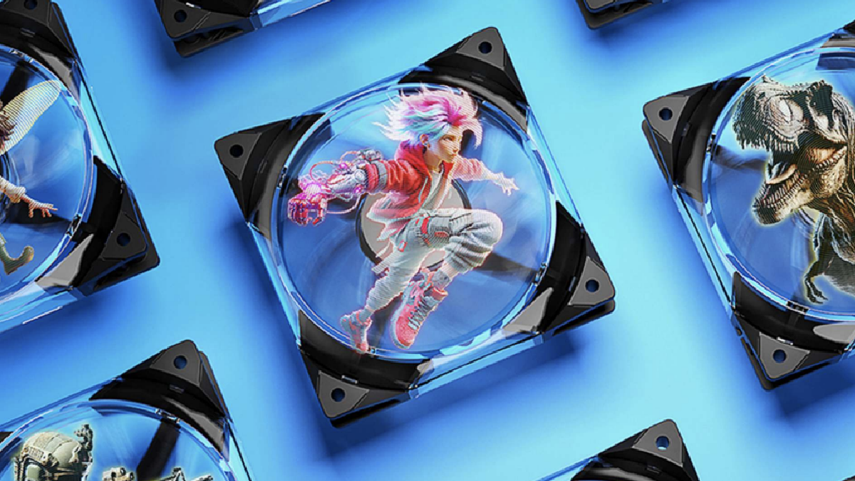 A promotional mock up image illustrating the intended holographic effect of the Coolify Holo Fan.