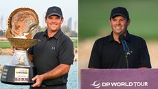(left) Patrick Reed holding up the Qatar Masters trophy after his win in 2026 and (right) Reed speaking during the victory ceremony in Qatar