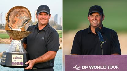 (left) Patrick Reed holding up the Qatar Masters trophy after his win in 2026 and (right) Reed speaking during the victory ceremony in Qatar