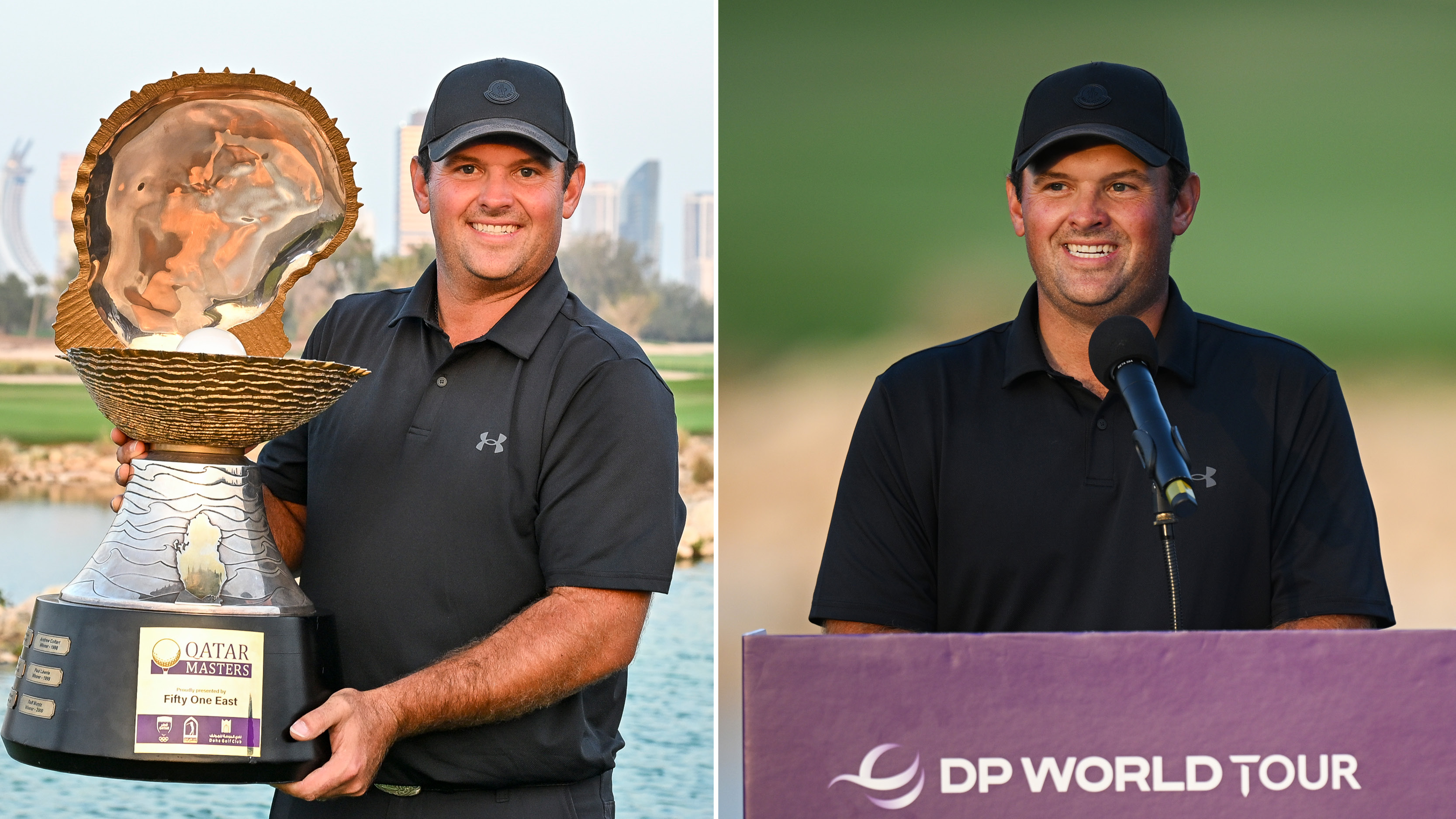 (left) Patrick Reed holding up the Qatar Masters trophy after his win in 2026 and (right) Reed speaking during the victory ceremony in Qatar
