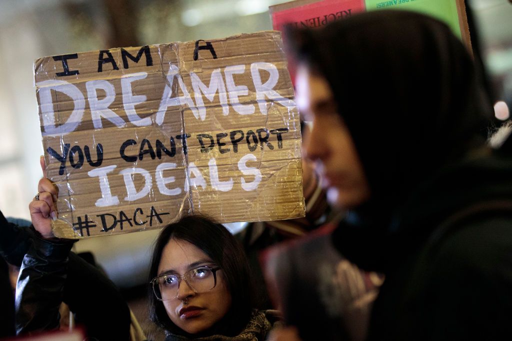 Activists rally for the passage of a &amp;#039;clean&amp;#039; Dream Act, one without additional security or enforcement measures, outside the New York office of Sen. Chuck Schumer (D-NY), January 10, 2018 in 