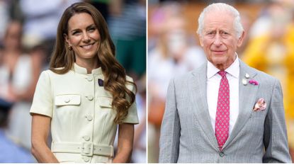 A composite of a picture of Kate Middleton at Wimbledon 2025 and a picture of King Charles at the Sandringham Flower Show 2025