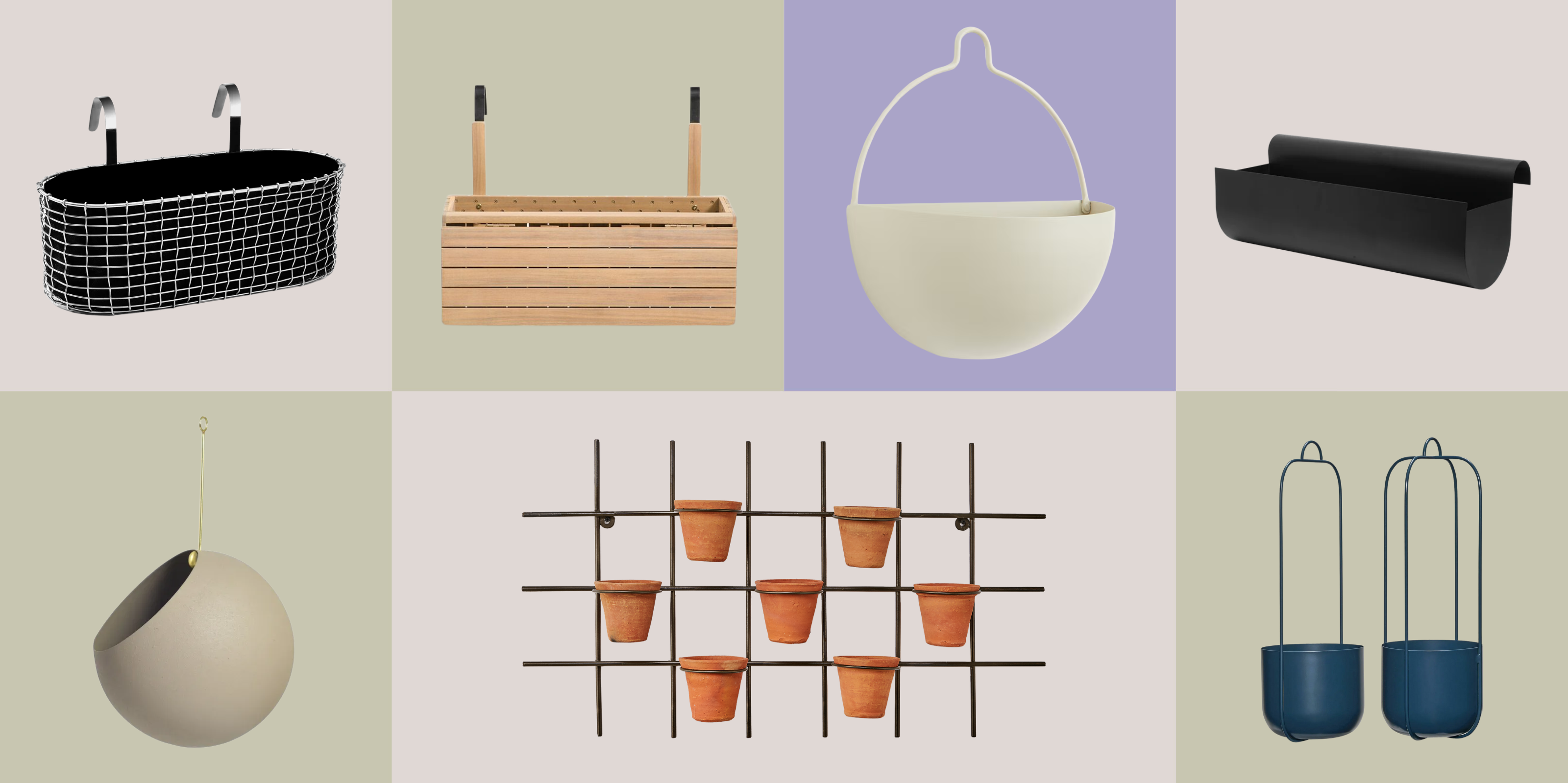 A grid of outdoor hanging planters on a checkerboard canvas