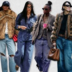 A collage of four women wearing wide leg jeans