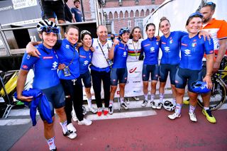 LEUVEN BELGIUM SEPTEMBER 25 LR Maria Giulia Confalonieri of Italy Barbara Guarischi of Italy Elena Cecchini of Italy Cordiano Dagnoni coach Marta Bastianelli of Italy Elisa Balsamo of Italy Marta Cavalli of Italy Vittoria Guazzini of Italy and Elisa Longo Borghini of Italy pose for a photograph during the 94th UCI Road World Championships 2021 Women Elite Road Race a 1577km race from Antwerp to Leuven flanders2021 on September 25 2021 in Leuven Belgium Photo by Luc ClaessenGetty Images