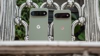 The back of the olive green Google Pixel 11 Pro and Pixel 11 Pro XL next to each other