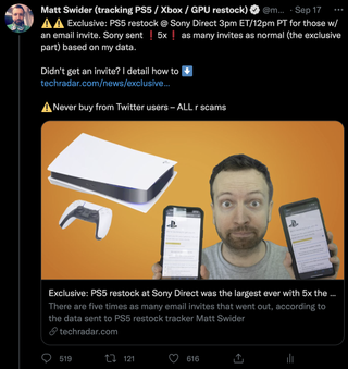 Alertas de nuestro rastreador de PS5 restock en Twitter Matt Swider