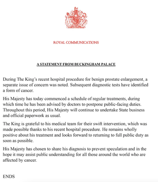 Buckingham Palace statement: King Charles cancer diagnosis