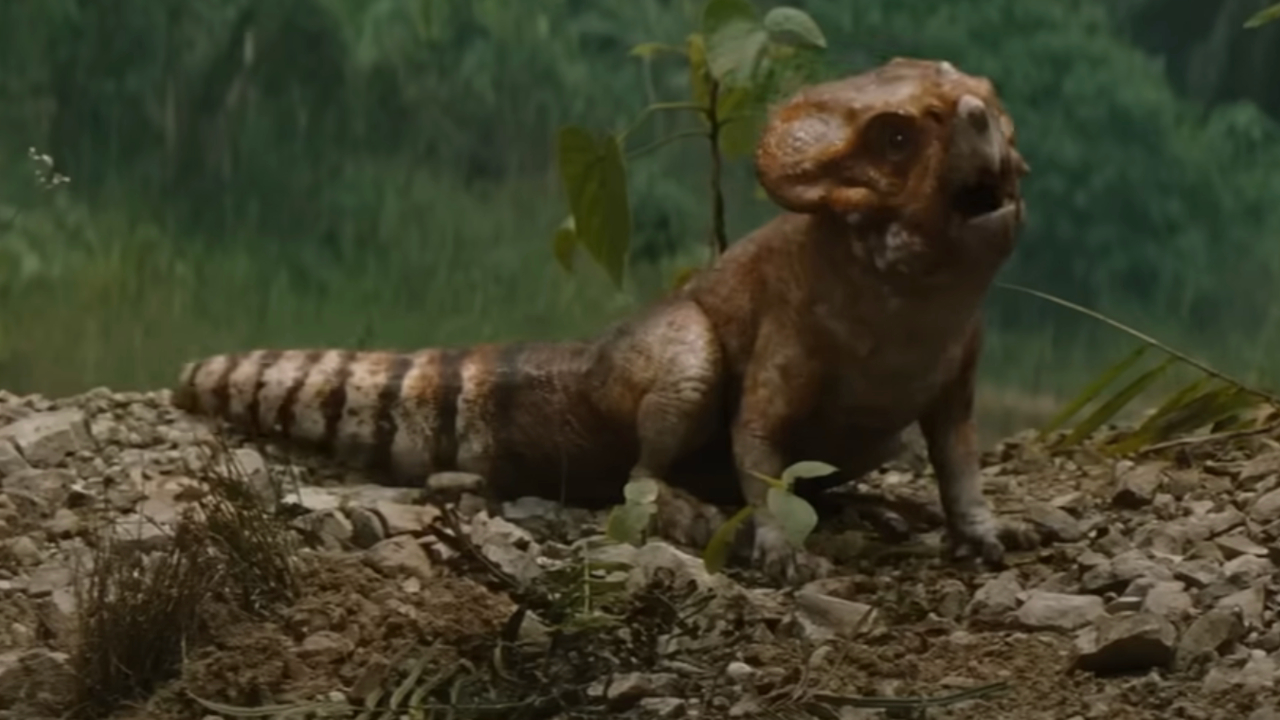 Dolores looks up while crawling on the ground in Jurassic World Rebirth.