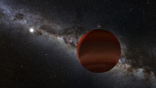 An artistic visualization of a brown dwarf orbiting a white dwarf star.