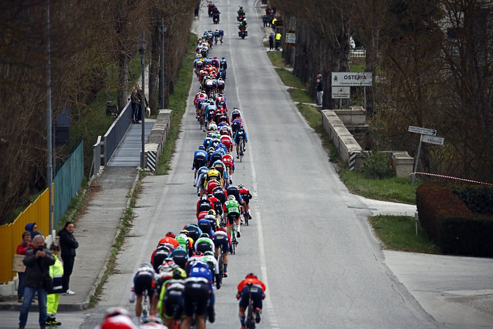 The Tirreno-Adriatico peloton in action during stage 6