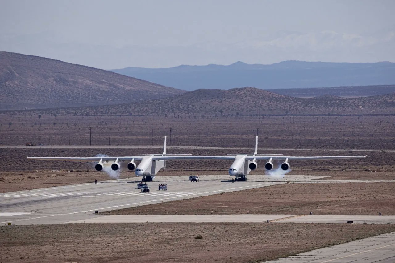 Stratolaunch's huge Roc carrier plane on the ground at the Mojave Air and Space Port before its Feb. 24, 2022 flight.