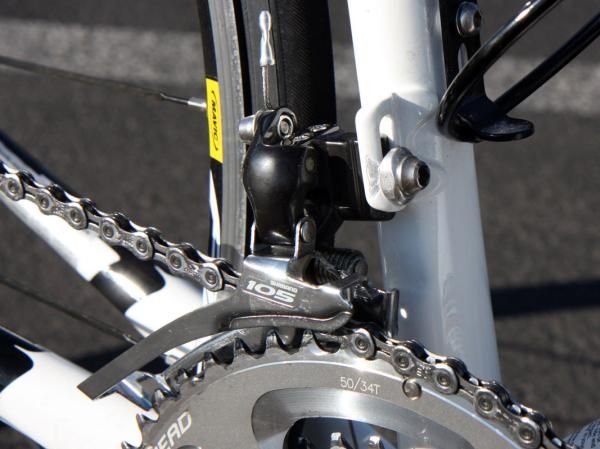 The front derailleur mounts to a braze-on tab.