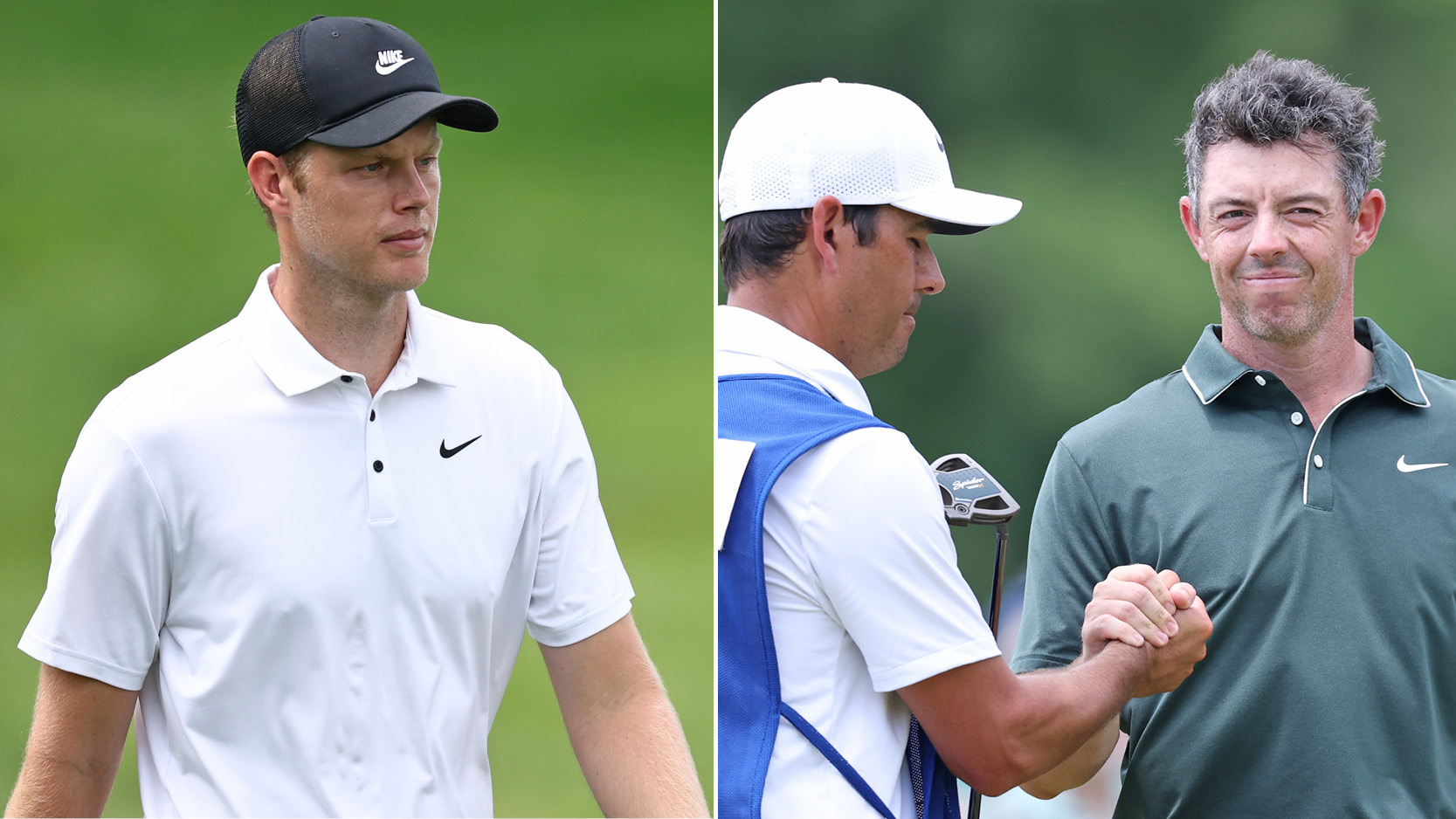 (left) Cam Davis looks on at the 2025 PGA Championship and Rory McIlroy shakes caddie, Harry Diamond&#039;s hand (right)