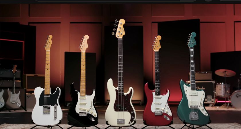 Fender American Vintage II Series 2025 new models: a still from Fender&#039;s promo video pictures the &#039;51 Tele in Prototype White, the &#039;57 Strat in Black, P-Bass in Olympic White, the exquisite all-new &#039;65 Stratocaster in Candy Apple Red (one of three finish options) and the &#039;66 Jazzmaster in Sherwood Green Metallic.