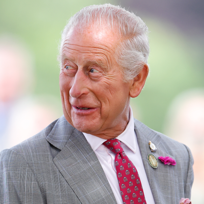 King Charles has gray hair and is wearing a gray suit