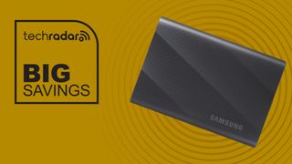 The Samsung T9 portable SSD on a yellow TechRadar deals background with the words Big Savings