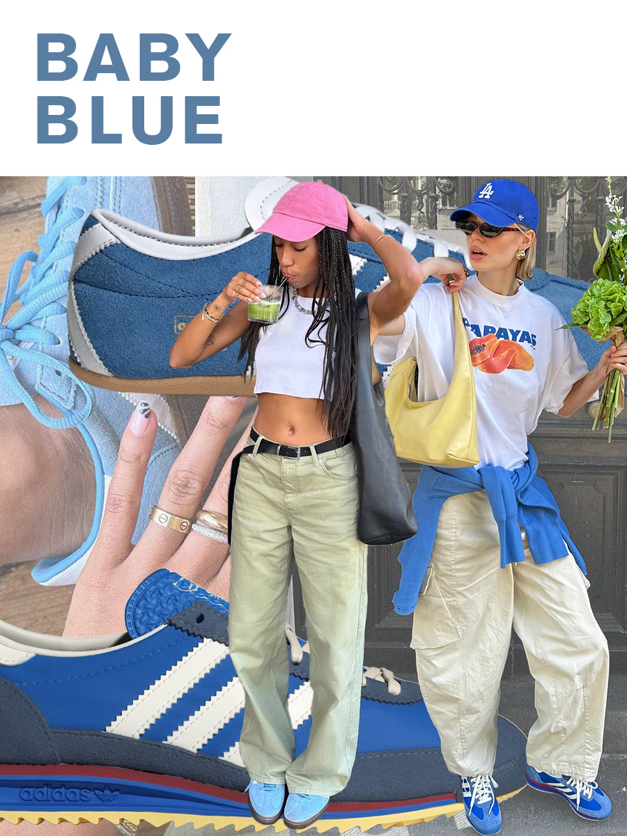 A collage featuring baby blue addias shoes.