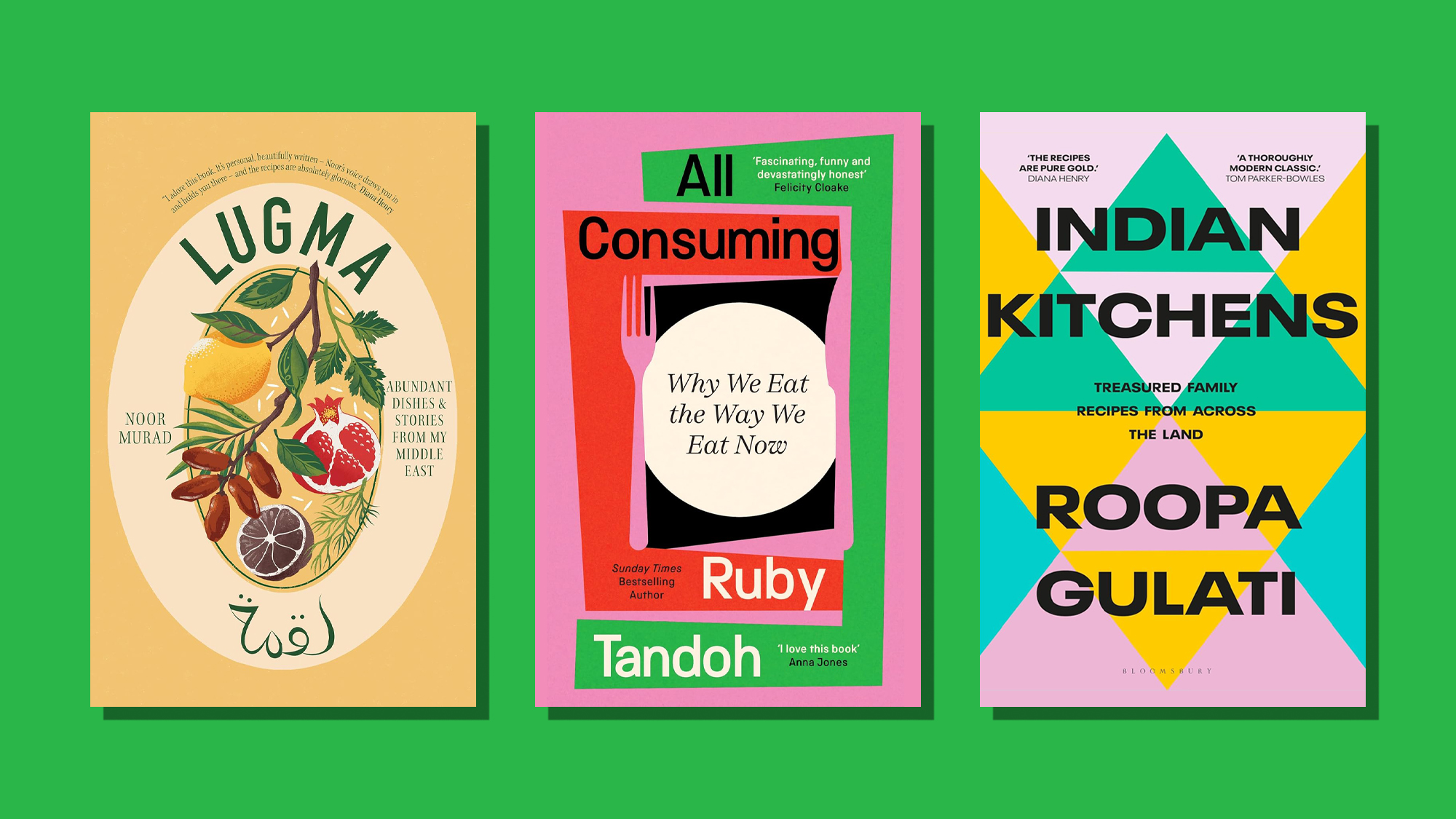Book covers of Lugma, All Consuming and Indian Kitchens