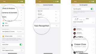 How to manage recognized faces in the Home app on the iPhone by showing steps: Tap Cameras & Doorbells, Tap Face Recognition, Tap the Name of a person.