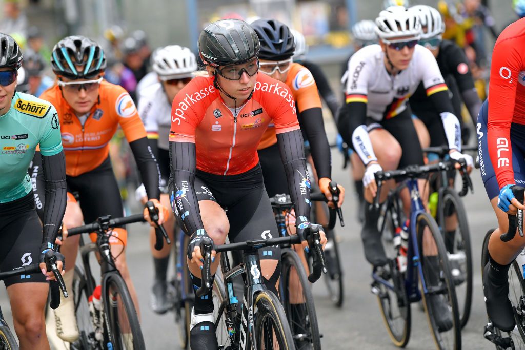 GERA GERMANY MAY 26 Lorena Wiebes of Netherlands and Team DSM red best young jersey during the 34th Internationale LOTTO Thringen Ladies Tour 2021 Stage 2 a 1251km stage from Gera to Gera ltlt2021 lottothueringenladiestour womencycling on May 26 2021 in Gera Germany Photo by Luc ClaessenGetty Images