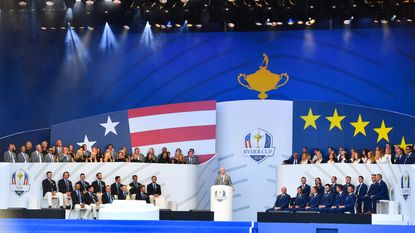 USA captain Jim Furyk speaking during the opening ceremony prior to the Ryder Cup 2018 matches at Le Golf National in Paris, France.
