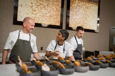 Chef Preeti Mistry working with the team at J Vineyards and Winery the Chef Preeti Mistry and the team at J Vineyards & Winery, executive chef Aaron Meneghelli and estate chef Forest Kellogg