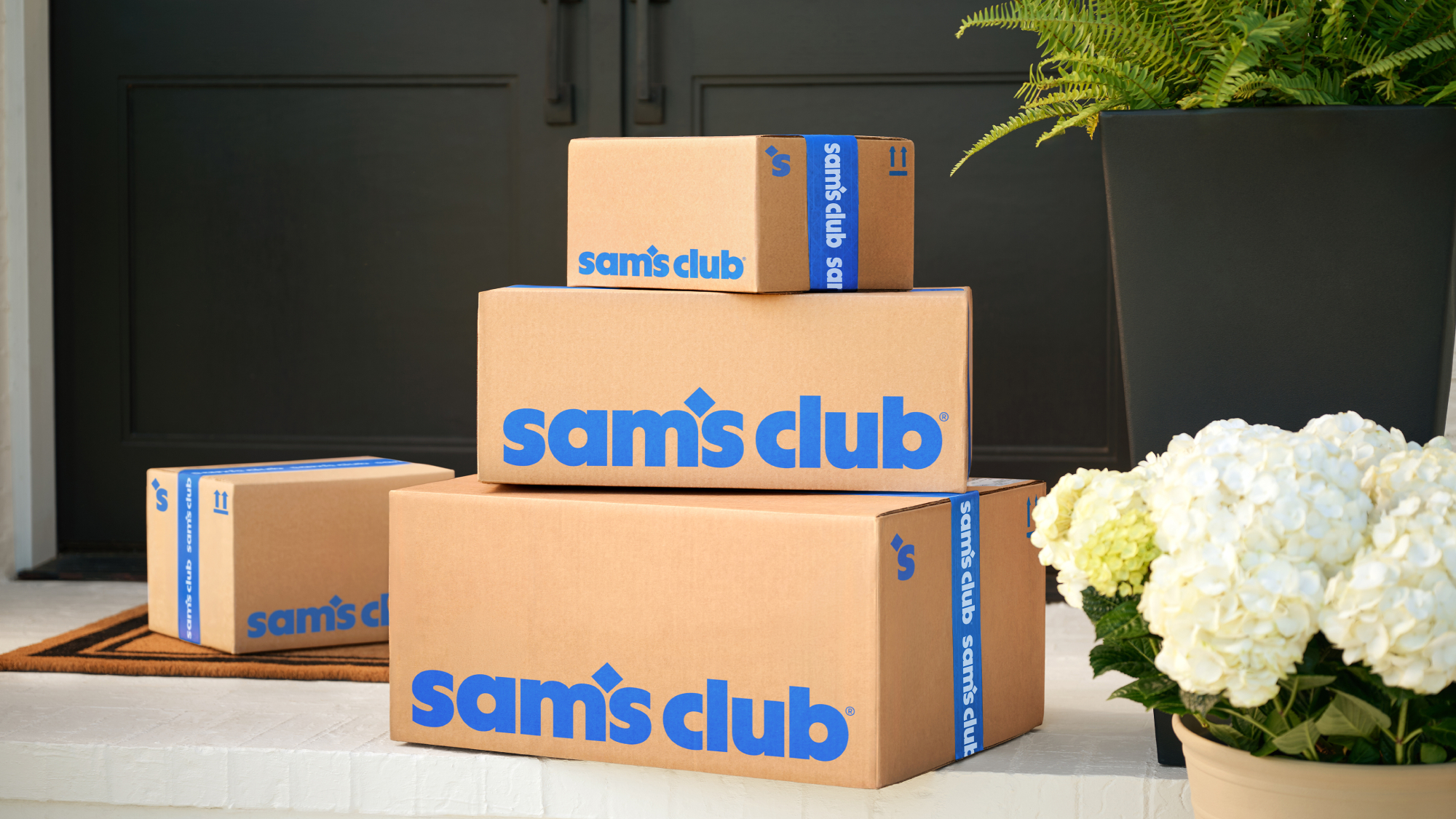 Sam's Club boxes shown on doorstep