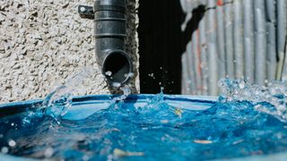 picture of a water butt being filled up with rainwater