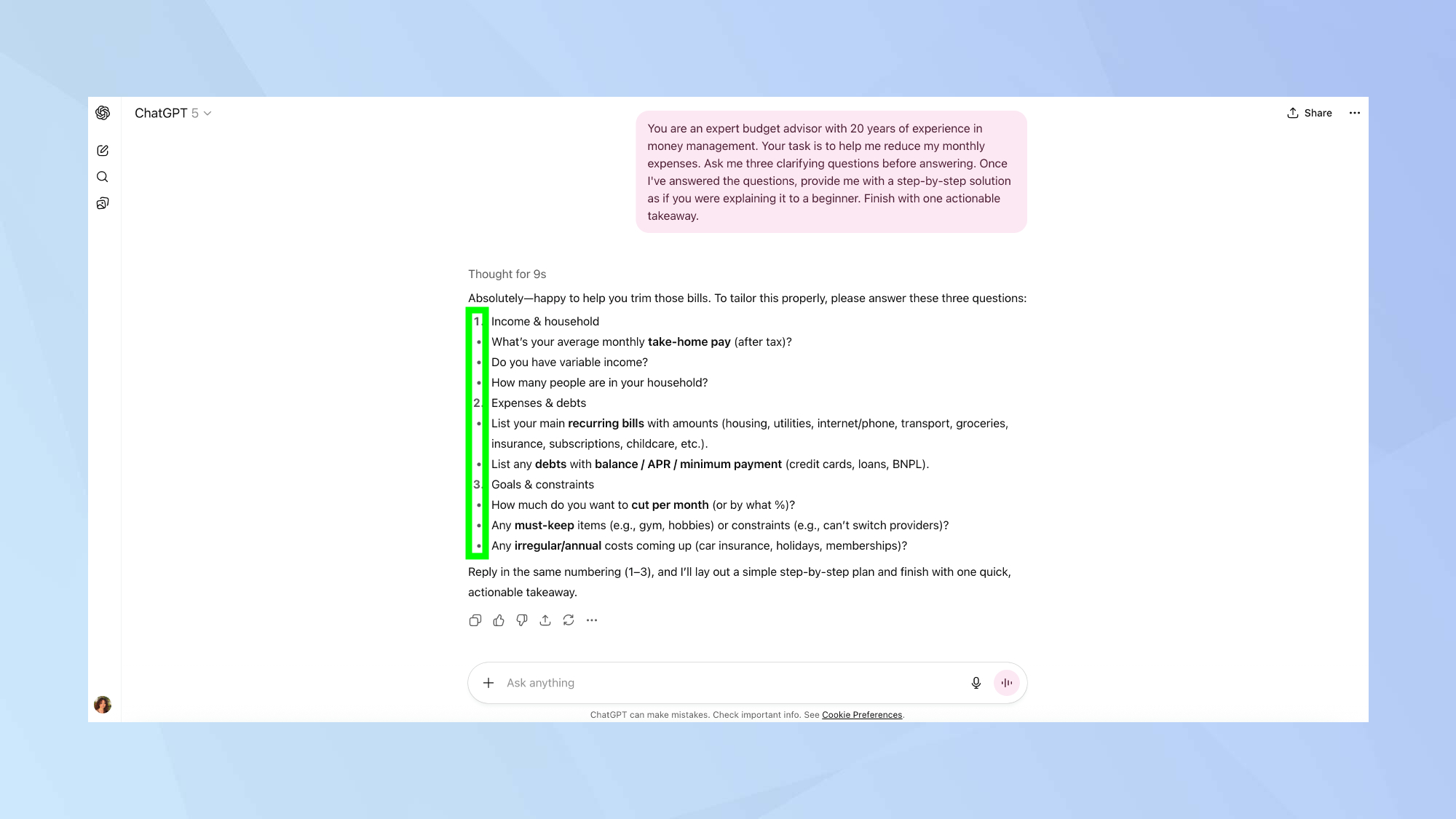 ChatGPT expert mode prompt questions
