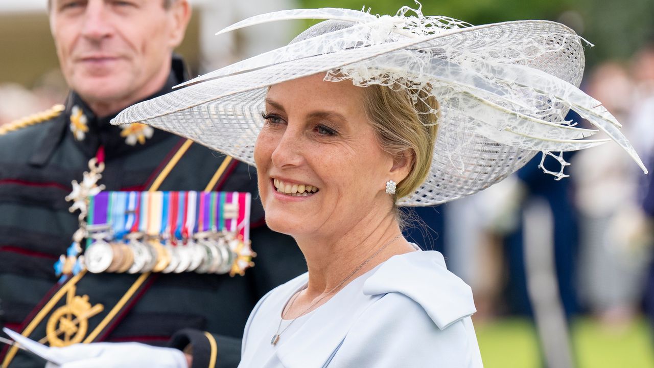 Sophie, Duchess of Edinburgh greets guests wearing a blue dress and hat during the Sovereign&#039;s Garden Party held at the Palace of Holyroodhouse