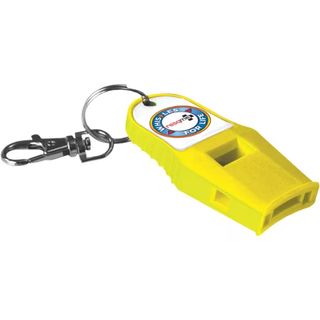 A yellow Whistles for Life Tri-Power whistle